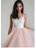 Beaded Ivory Lace Pink Chiffon Ruffle Wedding Dress